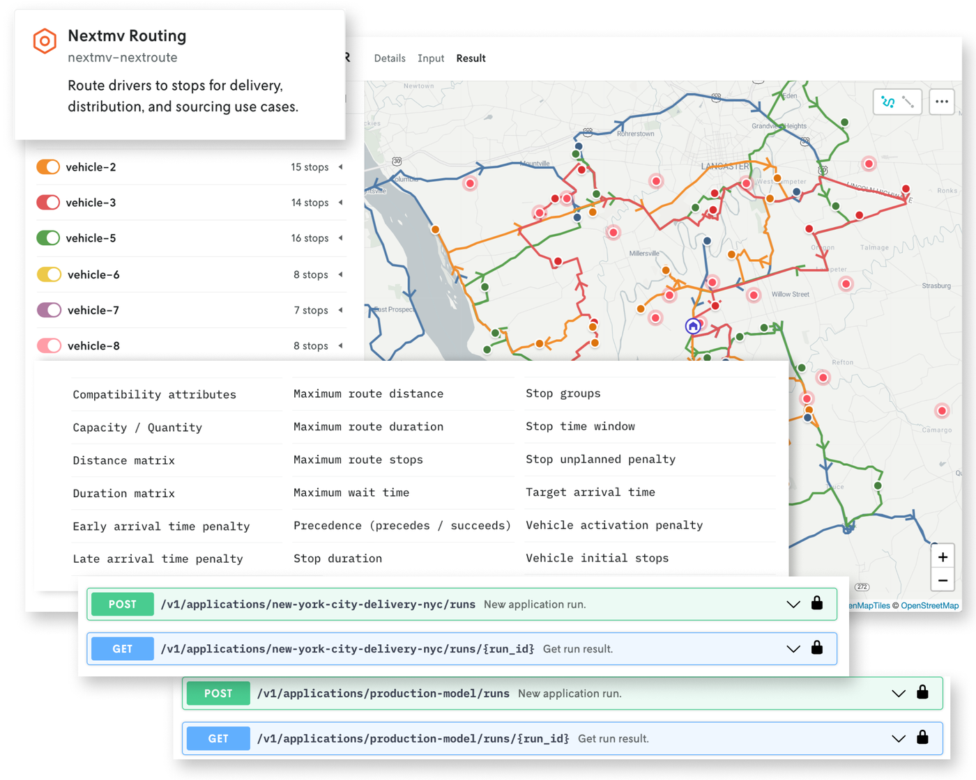 Nextmv website showing routing examples powered by Stadia Maps