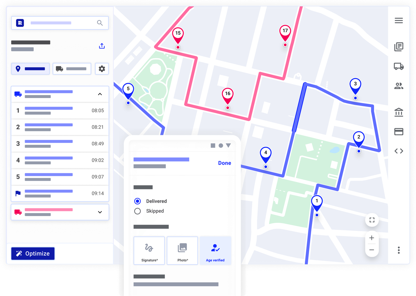 Routetitan mockup showing routes and delivery times on our maps