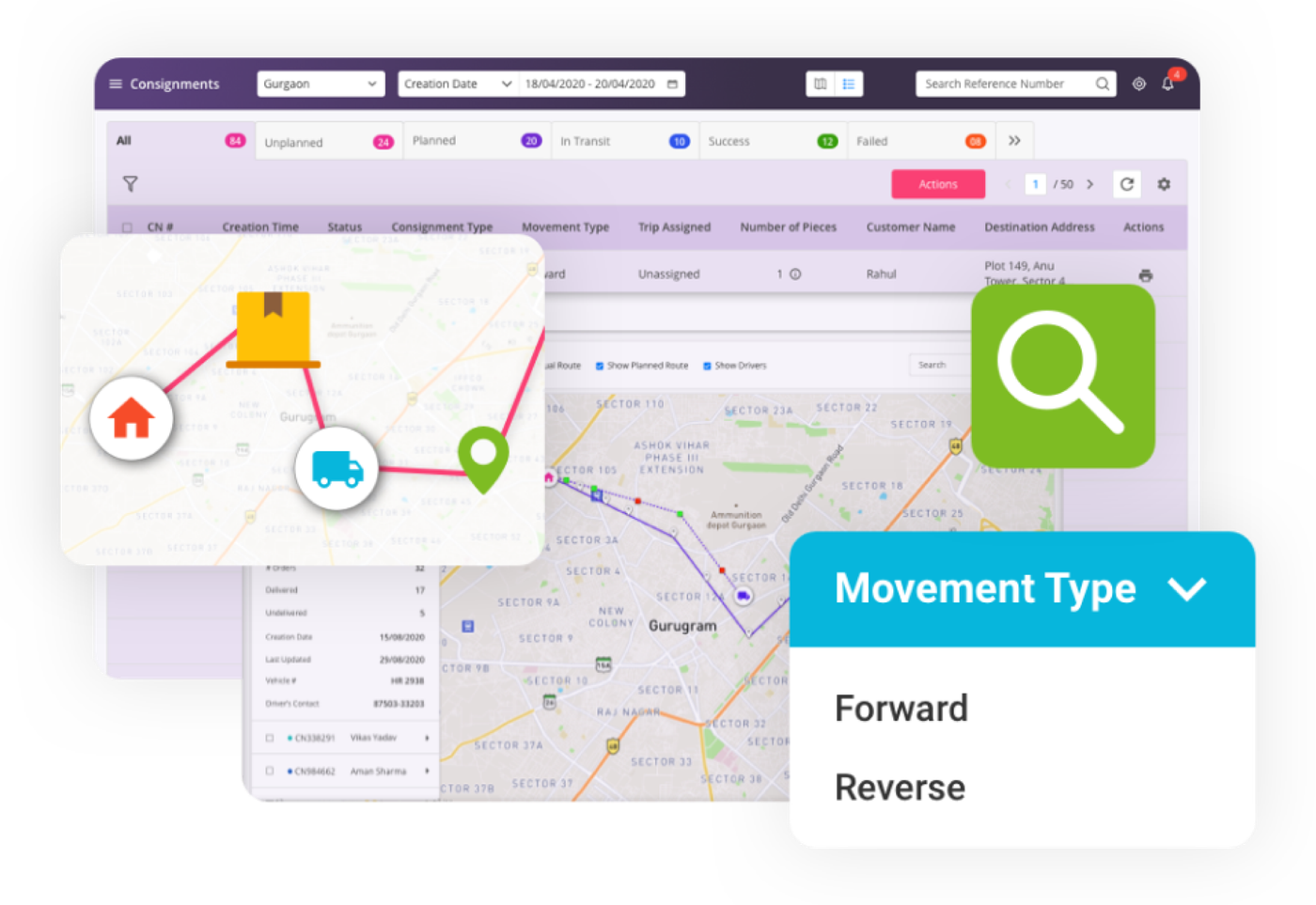 Shipsy mockup showing logistical visualization over our maps