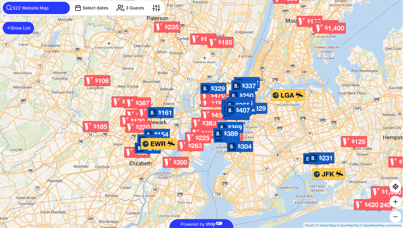 Stay22 showcasing travel options with a customized map style powered by Stadia Maps