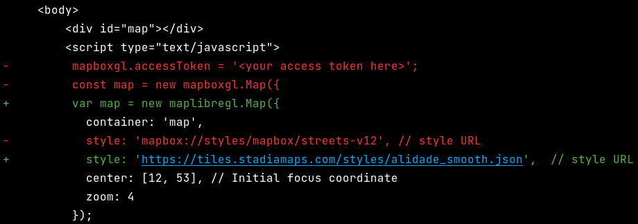 A diff demonstrating that it only takes a few lines of code to switch from Mapbox to Stadia Maps